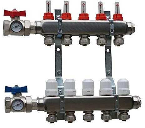 Heating-Instal Edelstahl Heizkreisverteiler für Fußbodenheizung mit Kugelhahn 1 mit Verschraubung mit Thermometer (3 Kreise)