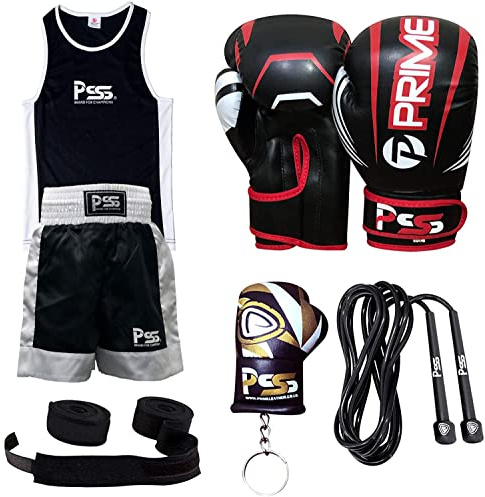 PSS Kinder Boxset Uniform & Handschuhe Handgelenkbandage Springseil Schlüsselanhänger Profi Zubehör Set für Sparring Sport Kickboxen Mixed Martial Art (1024 Schwarz 5-6 Jahre)
