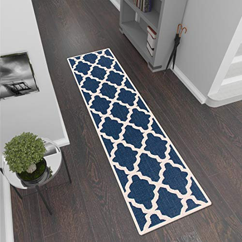 VivaRugs Non Slip Runner Rug Kitchen Hallway Maroccan Trellis Flat Weave Long Carpet Mat (Navy Blue, Cream, 60x230cm (2'x7'7))