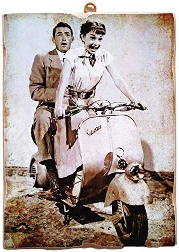KUSTOM ART Bild im Vintage-Stil Gregory Peck und Audrey Hepburn im Film Römische Ferien Sammlerstück Druck auf Holz