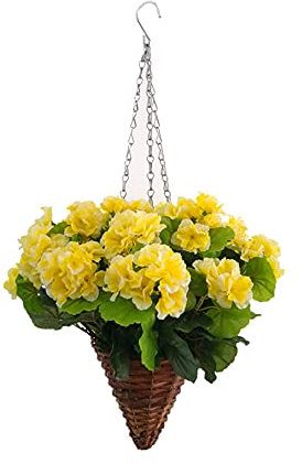 DIY Yellow Silk Artificial Big Begonia Flowers Chain Hanging Wicker Cone Hand-woven Basket Suitable For Indoor And Outdoor Decoration