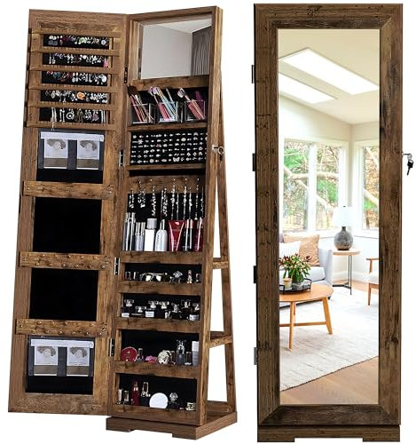sogesfurniture Schmuckschrank mit Standspiegel, Spiegelschrank abschließbar, um 360° drehbar, große Schmuckaufbewahrung mit Schmuckregal, Ablagen (Vintagebraun)