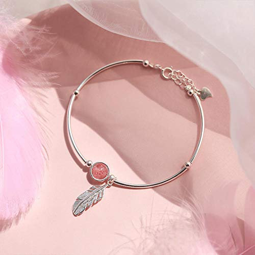 WQZYY&ASDCD Armband Armkette Damen 925 Sterling Silber Erdbeer Kristall Perle Armreif Armband Feder Anhänger Armband Frauen Schmuck