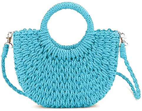 QTKJ Mini Semi-circle Rattan Straw Handbags, Hand-woven Women Summer Retro Straw Tote Bag Shoulder Bag Crossbody Bag Handle, Blue