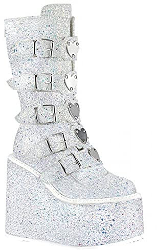 Kniehohe Stiefel für Frauen Kniehohe Goth Punk Style Mode Schnalle Plateau Keile Stiefel Freizeit Runde Zehe Reißverschluss Mittlere Wadenstiefel Plateau Partyschuhe