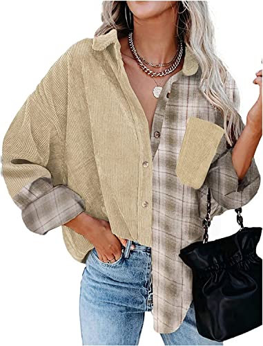 Lazutom Chemise à carreaux à manches longues boutonnée pour femme, beige, L