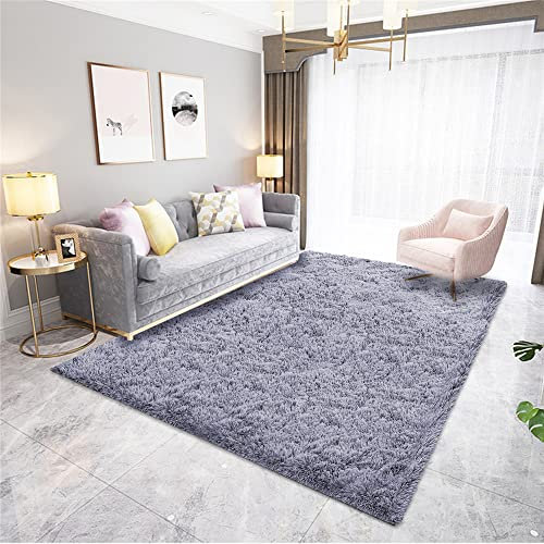 Hiseng Teppich Wohnzimmerteppich Langflor Weich Flauschig Teppiche Anti-Rutsch-Shaggy-Bereich Esszimmer Home Innenbereich Schlafzimmer Bodenmatte Heimdekoration (120x160cm,Grau-violett)