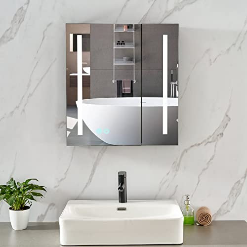 Plumbsys LED Illuminated Bathroom Mirror Cabinet Black 2 Door With Anti-Fog Demister Pad, HD Mirror, 600 x 650mm Cabinet Shelf, Touch Sensor, Waterproof IP44 rating