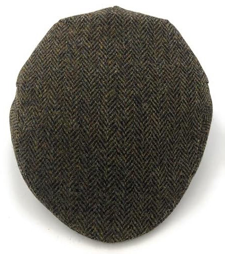 BRAW CLANS TARTANS Weltberühmte echte Harris-Tweed-Flachkappe, hergestellt von den besten Kappenherstellern in Großbritannien, gestepptes Futter, traditionelle Passform, Grünes Fischgrätenmuster 4207