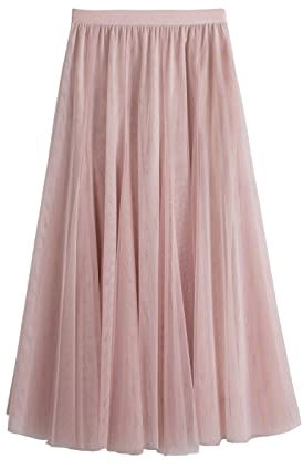 iyoimono Jupe Plissée en Tulle Longue Femme Tutu Tulle en Dentelle Elastique Taille Haute Trapèze Jupes A-Ligne Jupe Midi Carnaval Jupe de Soirée Rose