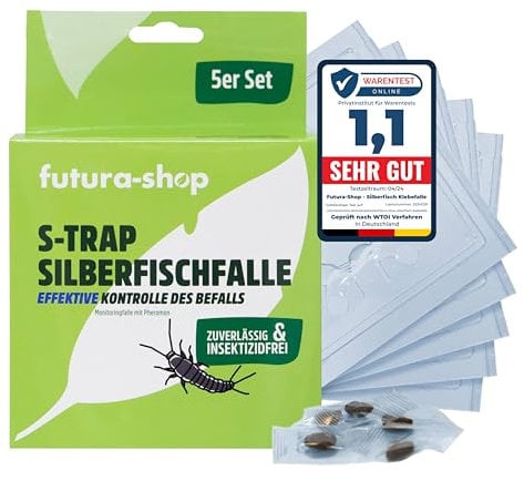 Futura-Shop - Silberfisch Klebefalle 5er Pack S-Trap - Silberfische effektiv bekämpfen mit der Giftfreien Insektenfalle Silberfischfalle