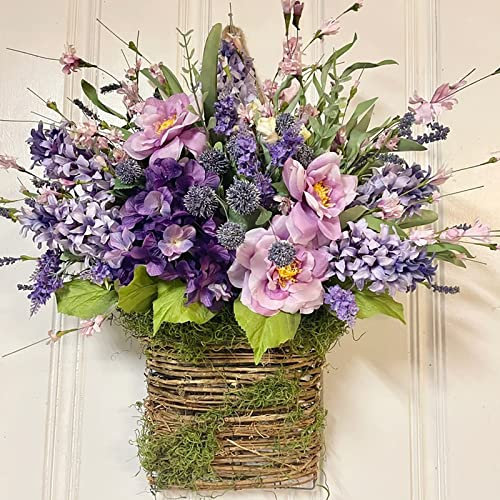 Fiorky Wildflowers Door Hanging Basket Wreath for Front Door, Spring Artificial Wildflower Garland Pendant Welcome Sign Easter Home Decor Porch Farmhouse, Lavender, About 35x40cm/13.77x15.74inch
