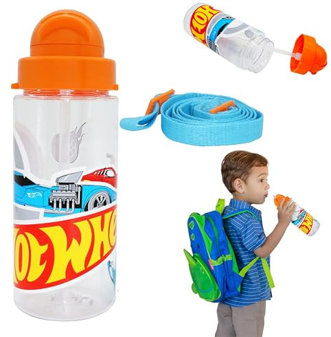 Hot Wheels Kids Water Bottle 500ml – BPA-Free Leakproof Plastic Bottle with Strap – Reusable Summer School Drinks Bottles for Boys Age 3+ – Travel & Sports Accessories