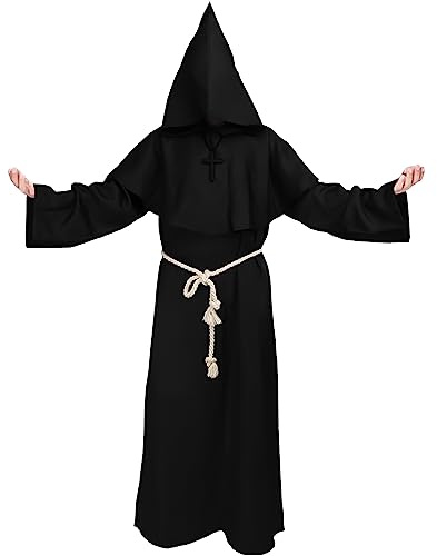 Kitimi Mönch Kostüm Herren Mittelalter Pfarrer für Karneval und Halloween (Schwarz, L)