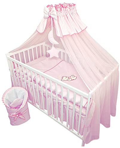 Bello24 - Set completo di 13 pezzi per culla e lettino Happy Leo incl. materasso regolabile in altezza per neonati e bambini in legno massiccio ricamato (Orsetto Luna Rosa)