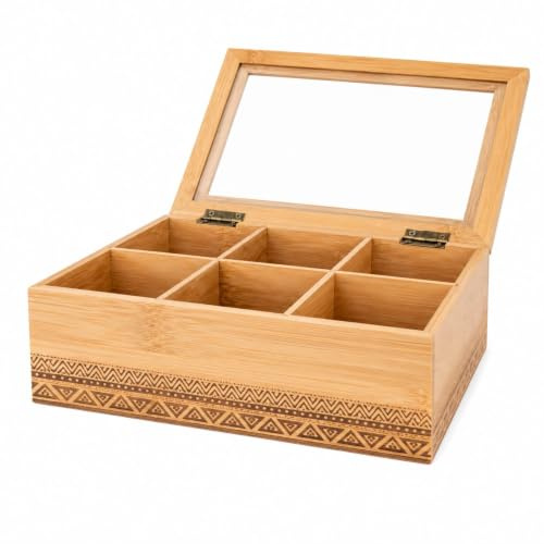 LIN HOME Caja de Bambú para Infusiones con Tapa 6 Compartimentos 22×16×7 cm | Tapa Transparente y Diseño Elegante, Ideal para Cocina y Salón RS02170