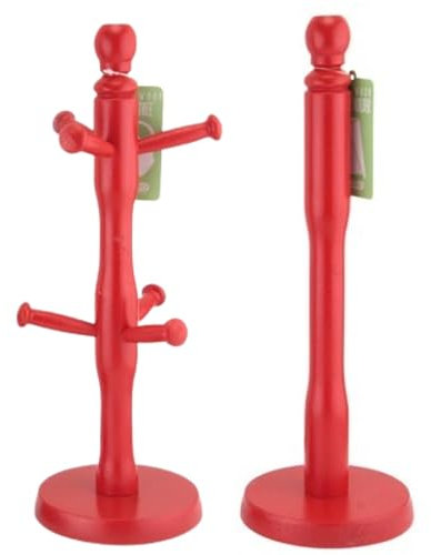 SIDSONS Red Wooden Mug Tree & Towel Roll Holder - Kitchen Cup Stand for Coffee & Tea, Space Saving With 6 Hooks