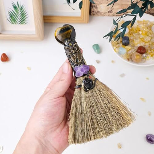 LQQDREX Natural Crystal Magic Broom,mini Witch Broom,crystal Witch Wiccan Altar Broom,magic Ceremony Decor,handmade Reiki Broomstick for Cleansing Healing Fengshui