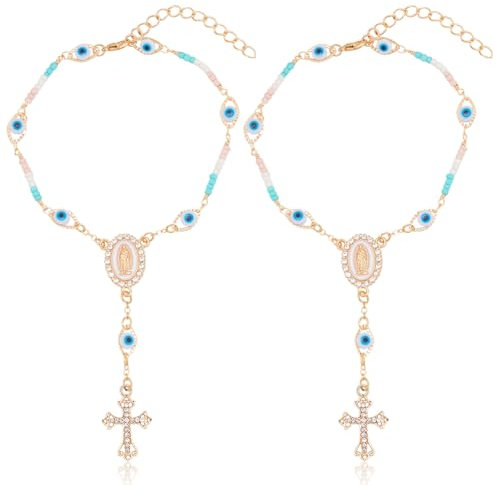 WEBEEDY 2 Stück Auto-Rosenkranz Böser Blick Rückspiegel Hängende Verzierung Anhänger Kreuz Kruzifix Medaille Amulett Katholisches Zuhause Wanddekoration Für Auto-Innenraum, Fenster, Tür, Ostergeschenk