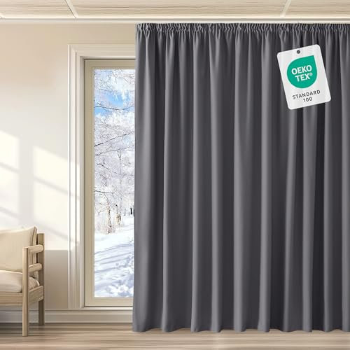 KGORGE Extra Breite Vorhänge Thermovorhang Kräuselband 300 cm Breit Verdunklungsvorhänge für Schiene 1er Set 240 x 300 cm(HxB) Grau Thermogardinen Blickdicht Wohnzimmer Gardinen