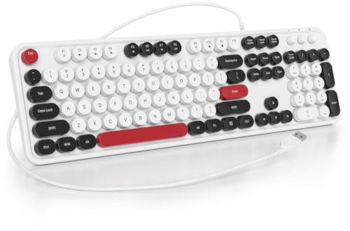 SOLIDEE 100% Membrane Keyboard, 104 Keys Punk Style Retro Typewriter, Round Key Membrane Keyboard, with USB Cable for PC/Win/Mac/Laptop (American QWERTY) (GT108 White)