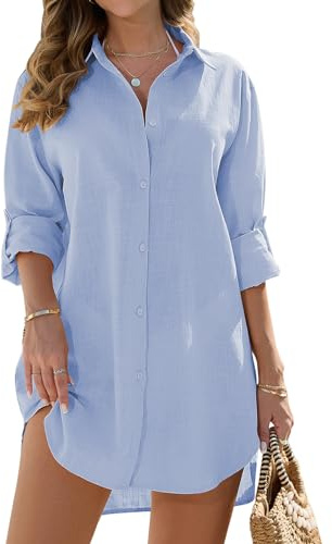 RITOSTA Robe de Plage Femme Coton Chemise de Plage pour Maillot de Bain Couvrir Kimono Tunique Plage Boutonné Cache-Maillots et Sarongs Col V Bikini Cover Up Blouse