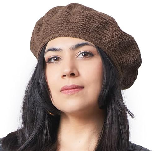 CHARM Baskenmütze Damen Barett Herren Beret Häkelmütze Strickmütze aus 100% Baumwolle Barrett für Sommer & Winter Hell Braun