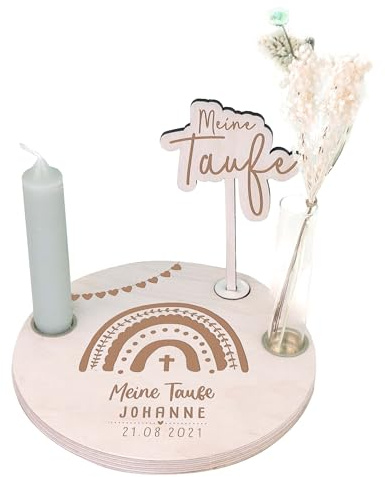 hellomini Personalisierter Taufteller - Taufgeschenk für Jungen Mädchen - Taufdeko mit Gravur - Taufandenken - Personalisierte Geschenke zur Taufe (Regenbogen Gravur)