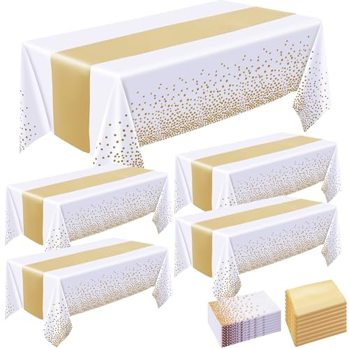 Incisite Lot de 8 nappes et chemins de table en satin, 4 nappes à pois blancs et dorés de 137 x 274 cm, 4 chemins de table en satin doré de 27,9 x 274,3 cm, nappes jetables en plastique pour fête