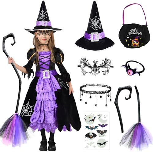 DJLLA Hexen Kostüm Mädchen, 8-teilig: Halloween Kostüm Mädchen mit Hexen Hut, Halskette, Süßigkeiten Tasche, Aufkleber, Cosplay Hexenkostüm, Kinder Halloween Kostüm für Karneval, Fasching, Mädche