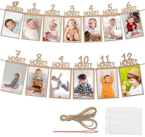 HEYOMI Foto Banner 1. Geburtstag für 1 bis 12 Monate Baby Fotogirlande Geburtstagsdeko Hängende Wanddekoration für Mädchen Jungen Party Deko Feiern Deutsch Kraftpapier Girlande Erster Kommunion