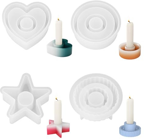 4 Stück Silikonform Kerzenhalter, Gießform Kerzenhalter, Kerzenständer mit Runder Stern Herz Form, DIY Silikonform Gießform für Weihnachten und Halloween Decor