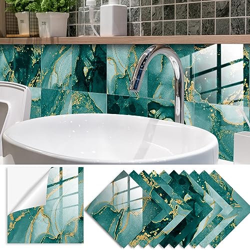 Lukery Fliesenaufkleber, 20 Stück PVC Klebefliesen Küche, Marmor Küchenrückwand Klebefliesen, Bodenaufkleber Fliesenaufkleber Bad für Möbel Wand Schrank (15x15cm,Grüner Marmor)