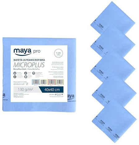 Maya Bayeta MICROPLUS. Especial para Vajillas y Cristales. No Deja Marcas. Muy Absorbente y de Secado Rápido. 100% Microfibra. Pack de 5 Unidades (Azul)