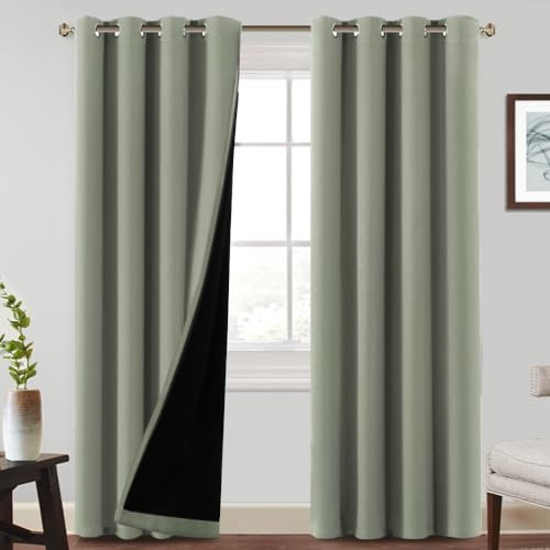 BellaHills 100% Verdunkelung Ösenvorhang 2er Set Kurze Gardinen Wohnzimmer vorhänge H 260 x B 140 cm Schlafzimmer Gardinen und Vorhang Kälteschutz & Wärmeisolierend, Salbei hell
