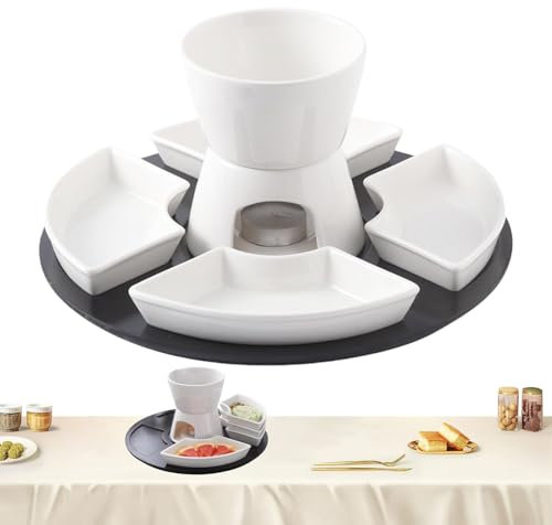 Chocolate Fondue Set - Melt Hot Pot Bowl Set | Tea Light Candle Fondue Set with Tray and 4 Plates Ceramic Melting Fondue Pot Kit | Ceramic Material Fondue Pot Set for Buffets | Picnics