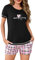 Leversic Schlafanzug Damen Kurz Baumwolle, Sommer Zweiteiler Pyjama Damen Set Karierte Shorts und Oberteil mit Herzaufdruck, 1211-Schwarz, XL