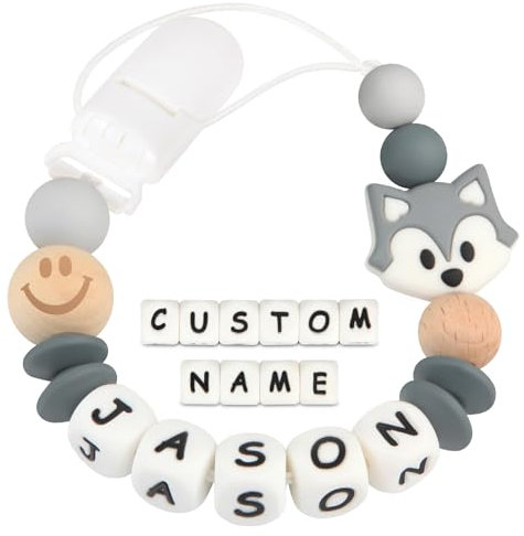 Kowlone Clip Ciuccio con Nome Personalizzata Catenella Portaciuccio Volpe Porta ciuccio per Bambini(Grigio)