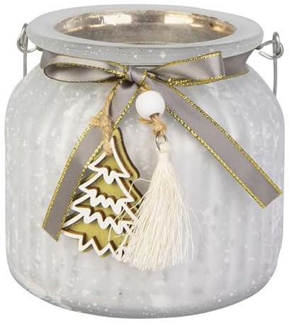 Windlicht mit Baum und Quaste - weiß/grün - ca. 10 x 11 cm Weihnachtsdeko, Winter Dekoration