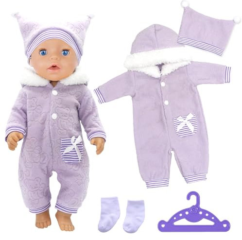 4 Stück Puppenkleidung für 14-18 Zoll Babypuppen, Süßes Overall Outfit für Neue Babypuppen mit Jumpsuit, Mütze, Socken und Kleiderbügel, 35-45 cm modische Neue Babypuppen Kleidungs Outfits(Lila)