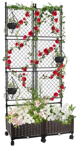 Kalolary 175 cm Jardinière Surélevée avec Treillis Métallique, Grande Jardinière Plastique avec Trou Drainage et roulettes Plantes Grimpantes Légumes Fleurs Écran d'Intimité pour Jardinière Surélevée