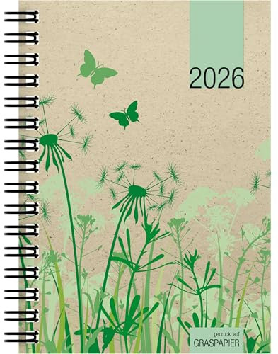 Zettler Taschenkalender 1W/2S Graspapier 2026 – Timer 10 × 14 cm, 1 Woche auf 2 Seiten, nachhaltiger Einband, FSC-zertifiziert