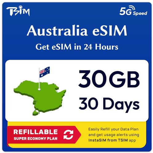 Australien eSIM | 30GB | 30 Tage | Nachfüllbarer Tarif | 5G Geschwindigkeit |Hotspot| Nur-Daten. QR-Code wird innerhalb von 24 Stunden gesendet, scannen zur Aktivierung, keine Telefonnummer enthalten.