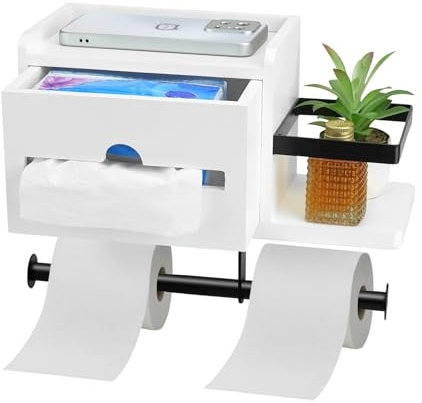 OT-NVWOZR Wooden Toilet Roll Holder with Shelf, Wall Mounted Toilet Paper Holder with Wet Wipes Box for Storage, Modern Tissue Holder Paper Dispenser for Bathroom Kitchen