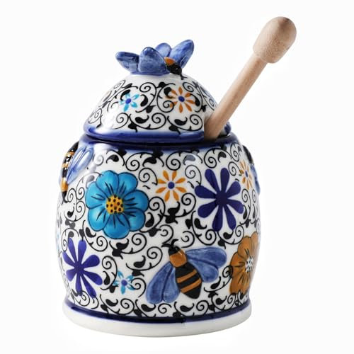 ZOOBEE 10oz Ceramic Honey Jar with Dipper Stick,Handpainted Honey Container for Storing Syrup,Small Mini Honey Pot with Bees,Disherwash Safe-Hidden Nook
