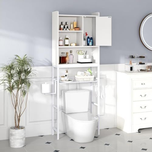 HOOSENG Over The Toilet Storage Cabinet, Bathroom Cabinet Organizer with Adjustable Shelf, Freestanding Space Saver Toilet Stands with Door, Paper Hook, Multifunctional Bathroom Toilet Rack, White