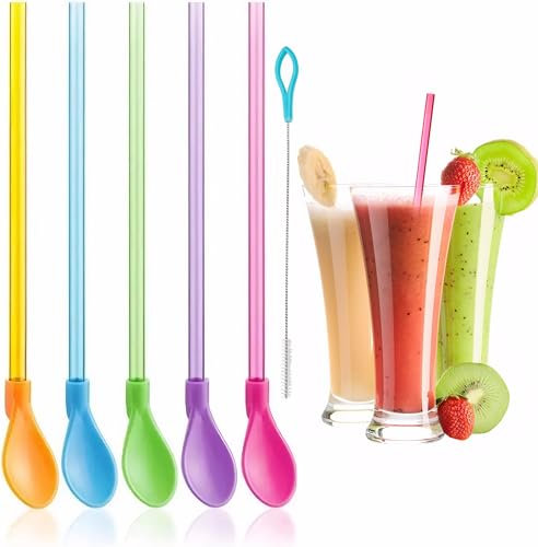 Slush Straws with Scoop - 10 Pcs Reusable Slushie Straws, Colored Straw Spoon 2 in 1 with Cleaning Brush, Plastic Straws Spoon for Smoothies Milkshakes Cocktail Juice Coffee Ice Cream