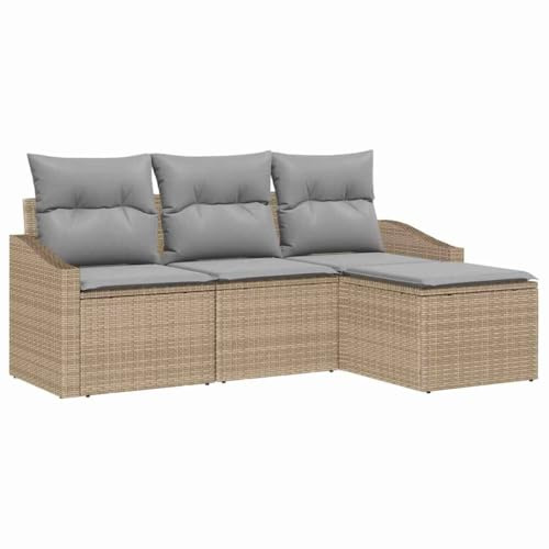 vidaXL 4-teiliges Garten-Sofa-Set mit Kissen in Beige aus wetterfestem Poly Rattan – Modular für Patio, Balkon, Lounge, Terrasse und Garten