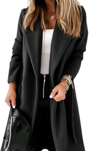 Cicy Bell Klassischer Damen-Mantel mit Reverskragen, vorne offen, mit Gürtel, lange Jacke