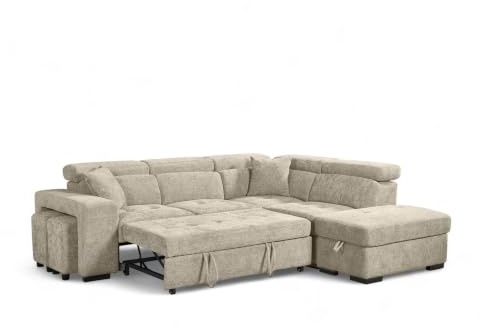 Chenille Beige L Shaped Corner Sofa Bed with Storage Ottoman, Adjustable Headrests and 2x Foot Stools - Durable Fabric Modular Sectional Pull Out Sofa Bed 4 Seater with Black Metal Feet - RIGHT HAND